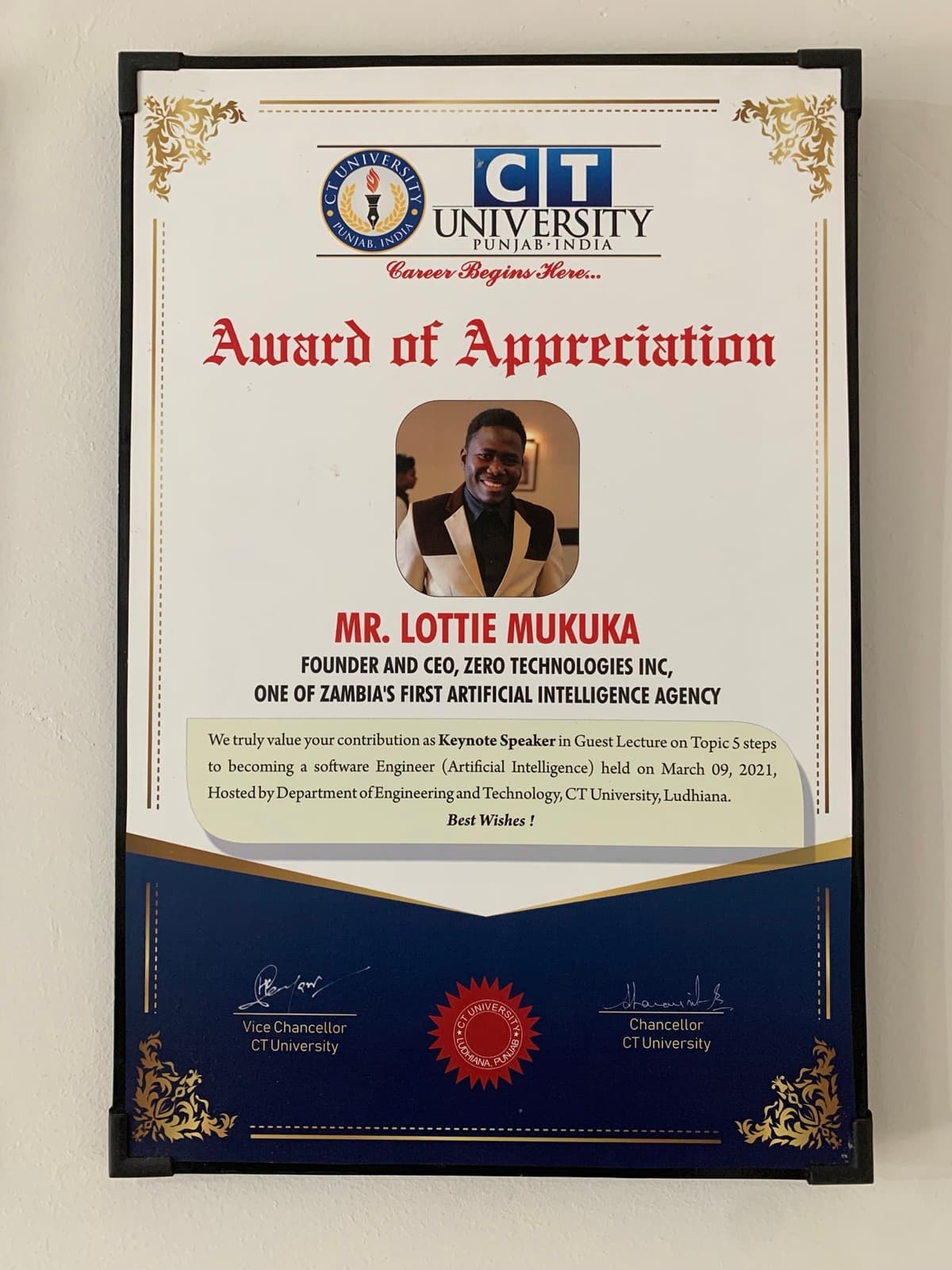 CT University Award of Appreciation — Lottie Mukuka, Founder & CEO, ZeroAI